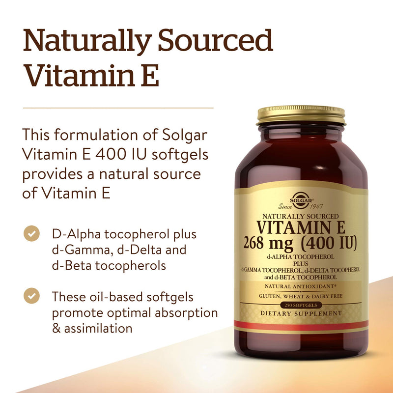 [Australia] - Solgar Natural Source Vitamin E 268 mg (400 IU) Softgels - Pack of 250 - Protects Cells From Oxidative Stress - Immune System Support - Vegan and Gluten Free 