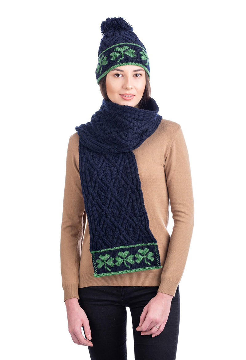 [Australia] - SAOL 100% Merino Wool Traditional Irish Shamrock Aran Wool Scarf for Ladies, in Natural/Navy/Green Navy 