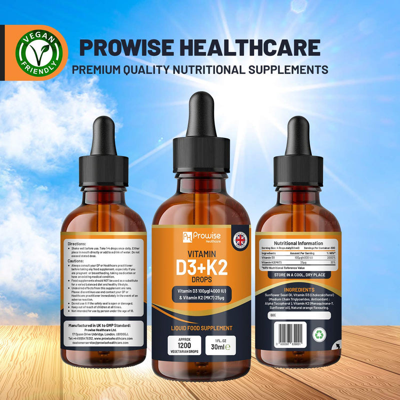 [Australia] - Vitamin D3 4000iu + K2 MK7 25�g I Orange Liquid Drops I High Strength 4000iu D3 + 25�g K2-30ml Bottle I Fast Absorption I 1200 Vegetarian Drops - Made in UK by Prowise Healthcare 