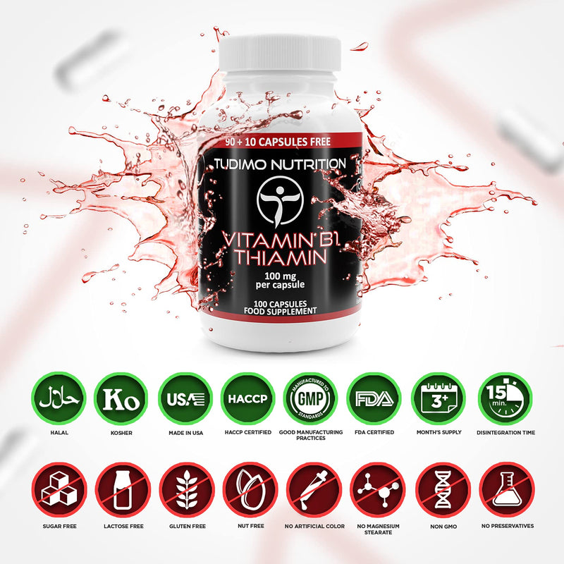 [Australia] - Thiamine Vitamin B1 100mg Capsules - 100 pcs (3+ Month Supply) of Rapidly Disintegrating Capsules, Each with 100 mg of Premium Quality VIT B1 Thiamin Mononitrate Powder 