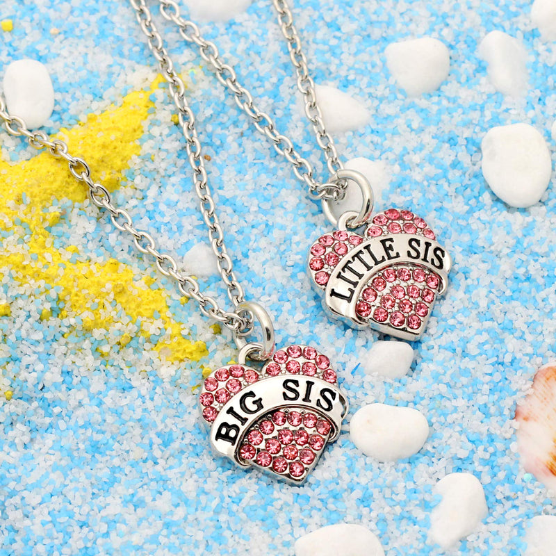 [Australia] - lauhonmin Sister Gifts Necklace Set Pink Crystal Big Sister Little Sister Charms for Family Women Girl Pack of 2 