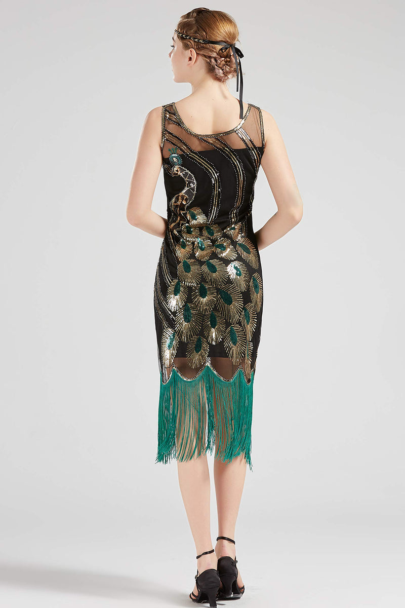 [Australia] - BABEYOND 20's Vintage Peacock Sequin Fringed Party Flapper Dress Black With Green Fringe-2 Medium 