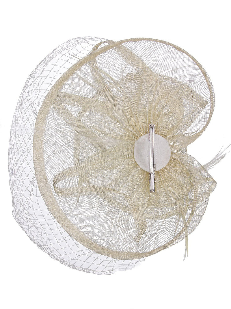 [Australia] - VIJIV Women Vintage Derby Fascinator Hat with Veil Pillbox Headband Feather Cocktail Tea Party One Size Beige 