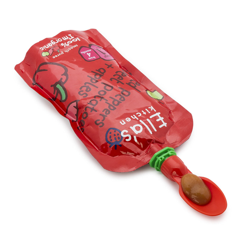 [Australia] - Vital Baby Ella's Kitchen Pouch Spoon Tips with Travel Case - Baby Weaning Spoons - Soft, Gentle and Flexible Spoon Tips - BPA, Phthalate & Latex Free - Hygienic Travel Case Included - 4m+ - 2pk Red 