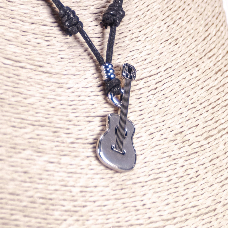 [Australia] - BlueRica Guitar Pendant on Adjustable Black Rope Cord Necklace (Chrome Finish) 