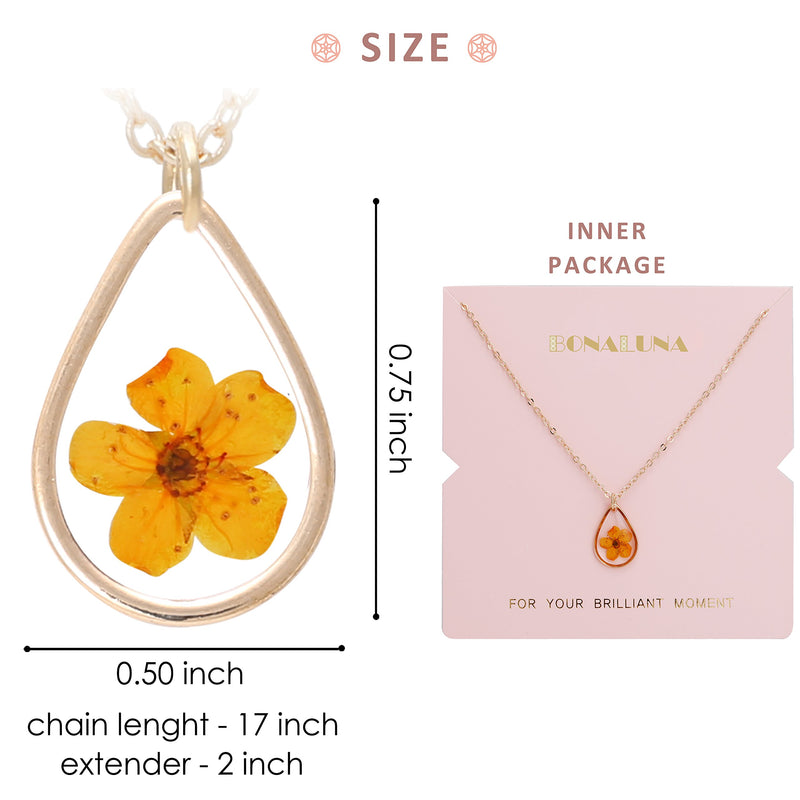 [Australia] - BONALUNA Pressed Flower Tear Drop Frame Pendant with Yellow Gold Plated Necklace 