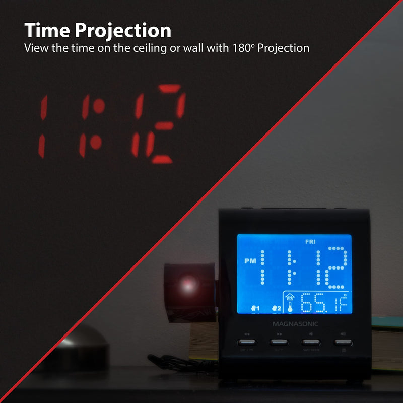[Australia] - Magnasonic Projection Alarm Clock with AM/FM Radio, Battery Backup, Auto Time Set, Dual Alarm, Nap/Sleep Timer, Indoor Temperature/ Date Display with Dimming & 3.5mm Audio Input - White (EAAC601W) White Body 
