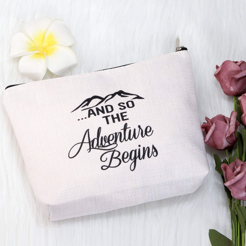 [Australia] - PXTIDY And So The Adventure Begins Makeup Bag Graduation Gift Cosmetic Bag New Job Farewell Divorce Congratulations New Adventure Gifts for Women, Friend, Sister, Coworker (beige) beige 