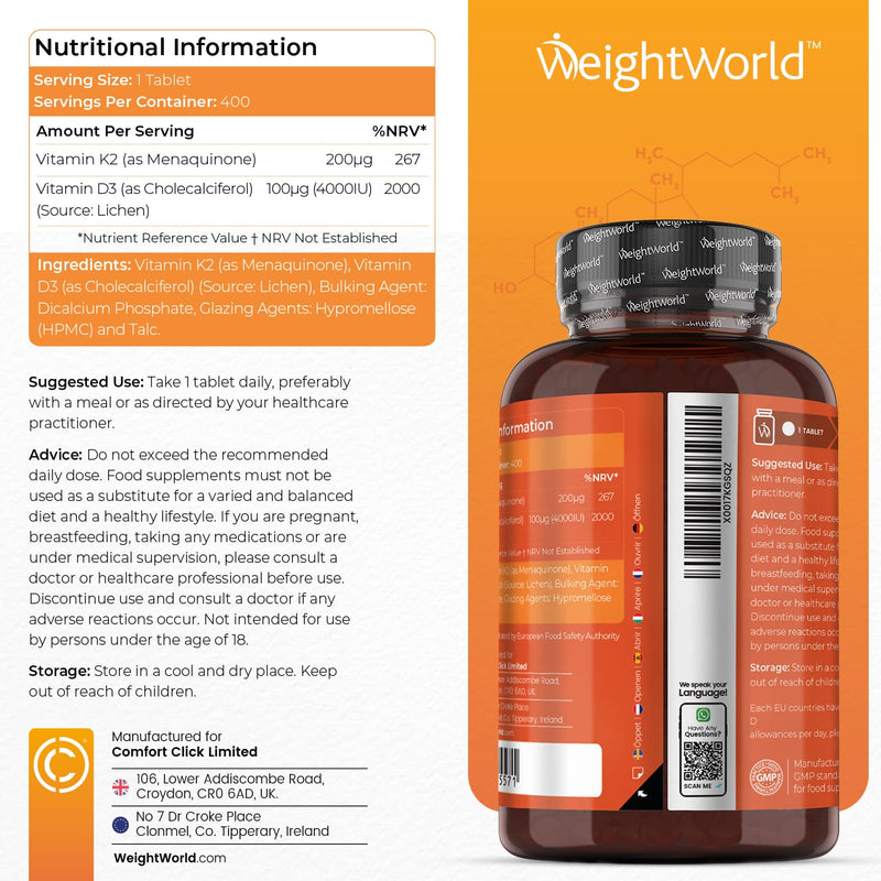 [Australia] - Vitamin D3 K2 Tablets - 4000iu Vitamin D High Strength Tablets with 200mcg K2 Vitamin (MK7) - 400 VIT D3 and K2 Tablets (1+ Year Supply) - Vegan Vitamin D K2 Supplement for Men & Women - EU Made 