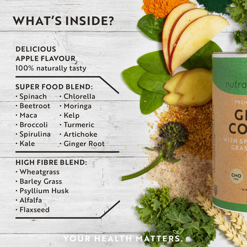 [Australia] - Super Greens Powder Complex - Natural Apple Flavour - Premium Superfood Powder Blend with Spirulina, Barley Grass and Turmeric - High Fibre, Vegan Friendly, and GMO Free - Made in The UK by Nutravita 