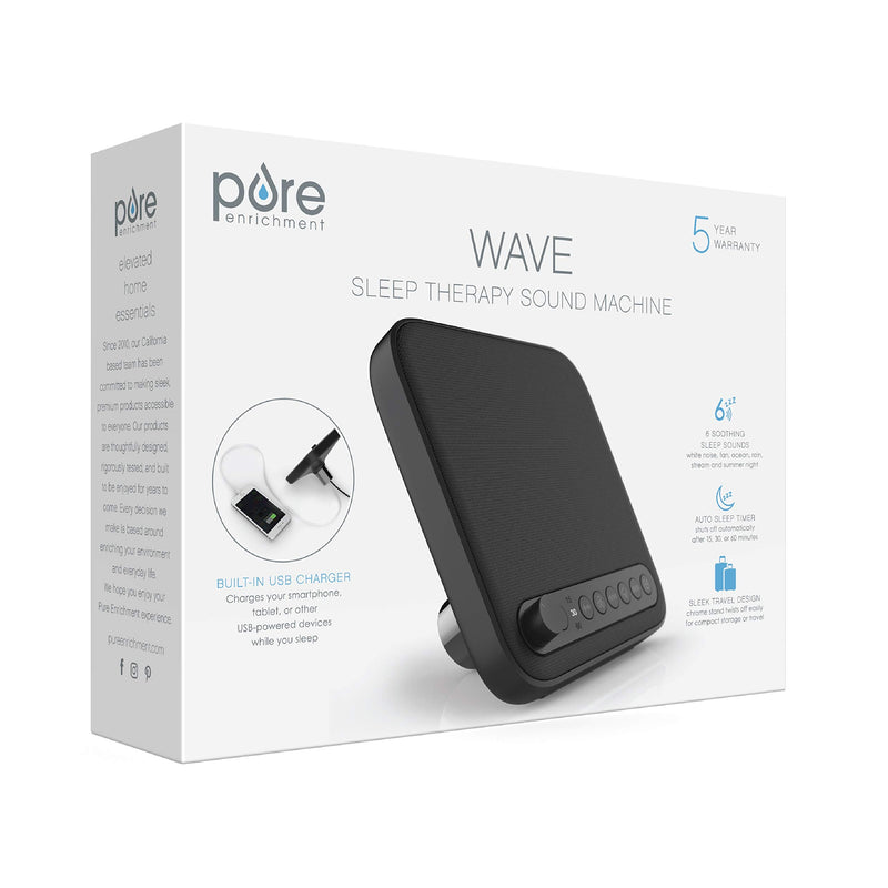 [Australia] - Pure Enrichment® WAVE™ Premium Sleep Therapy Sound Machine with USB Charger - Seamless Looping with 6 Soothing All-Natural Sounds, & Auto-Off Timer - Easily Portable for Travel (Black) Patented Design Black 