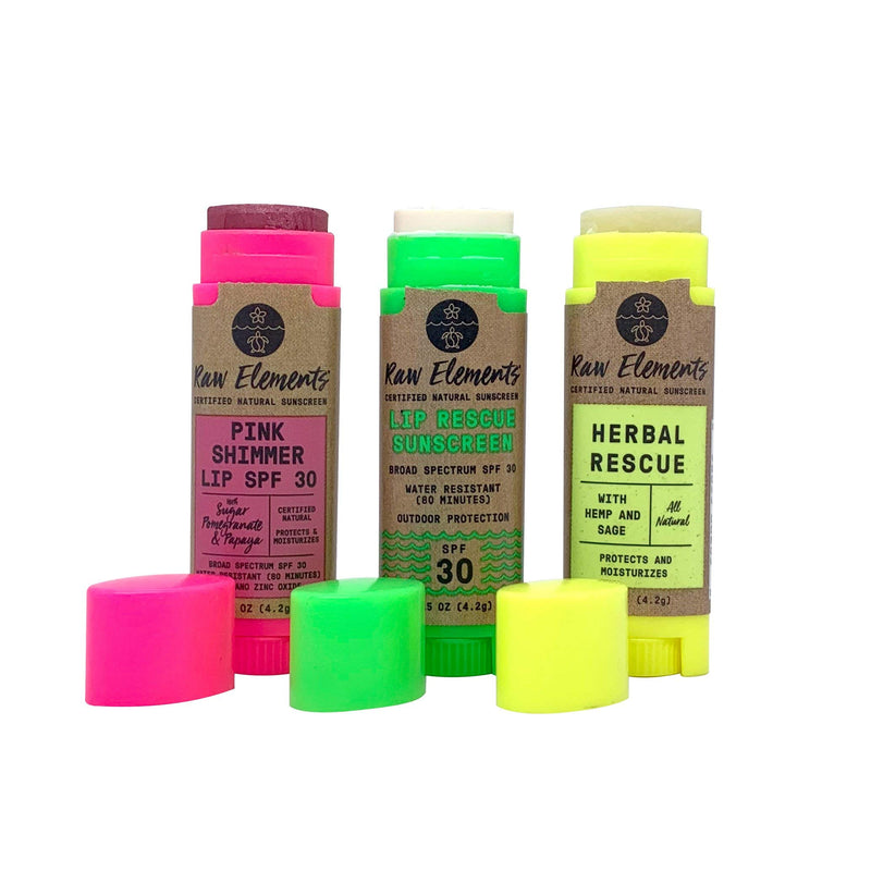 [Australia] - Raw Elements Lip Care 3-Pack | Contains Pink Lip Shimmer SPF 30+, Lip Rescue Sunscreen SPF 30+, and Herbal Rescue Lip Balm, 0.15oz each 