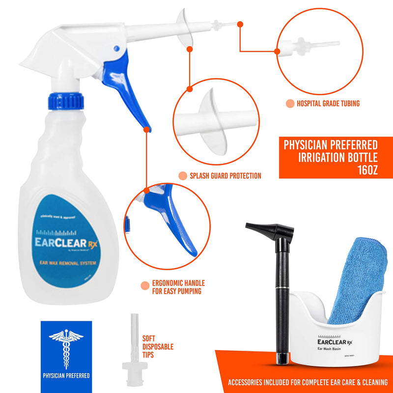 [Australia] - Ear Washing Kit by Nuance Medical EarClear Rx - Rigid Tips for Self Ear Washing with Otoscope Penlight, Basin and 20 Disposable Tips and New Microfiber Towel 