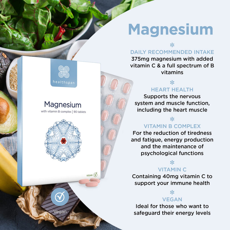 [Australia] - Healthspan Magnesium 375mg (90 Tablets) | Added Vitamin C & Vitamin B Complex | Promotes Immune Health | Support Your Bones, Teeth, Muscles & Nervous System | Vegan 