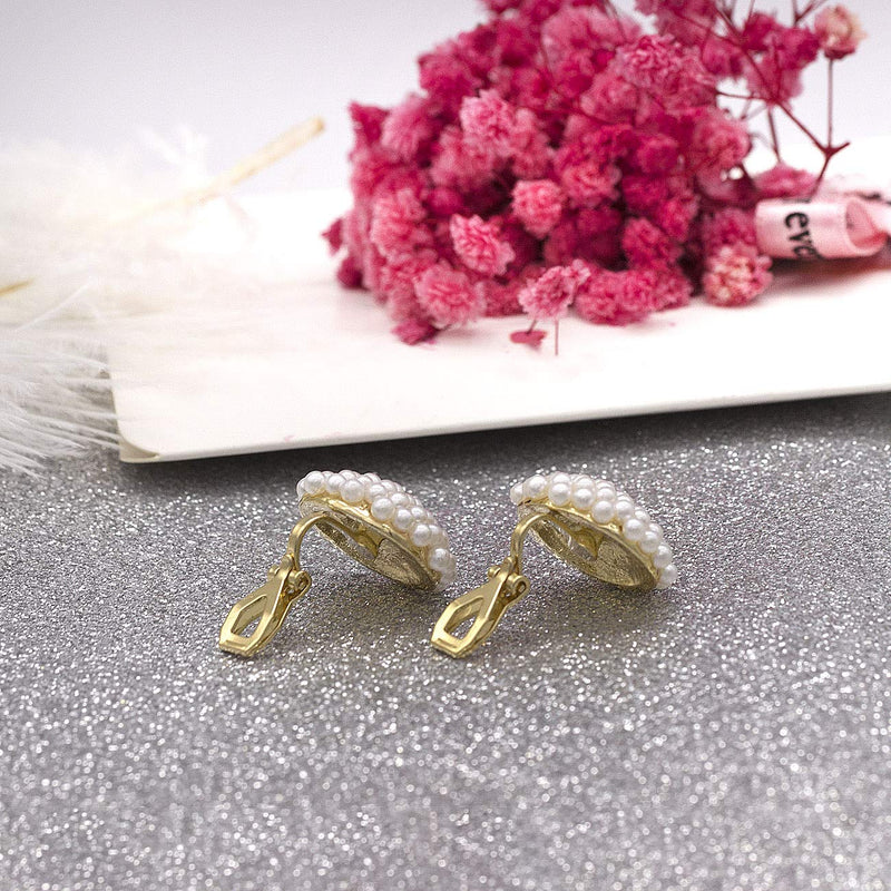 [Australia] - QUKE Simulated Pearl Golden Tone Big Clip On Studs Earrings Non Pierced Bridal Elegant Earrings Jewelry Gift for Women Girls 