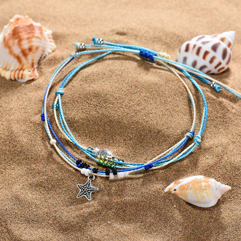 [Australia] - Jeka Boho Blue Starfish Turtle Anklet Multilayer Charm Beads Handmade Anklet Foot Jewelry for Women Girl Starfish and Fish Anklets 
