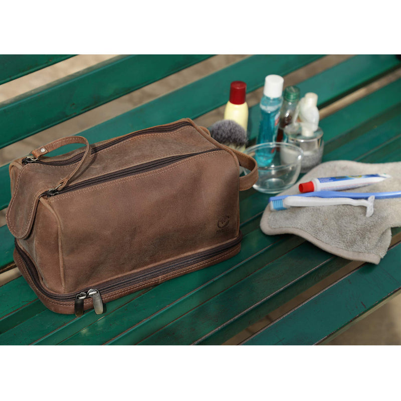 [Australia] - Genuine Leather Travel Toiletry Bag - Dopp Kit Organizer By Rustic Town (Brown) Brown 