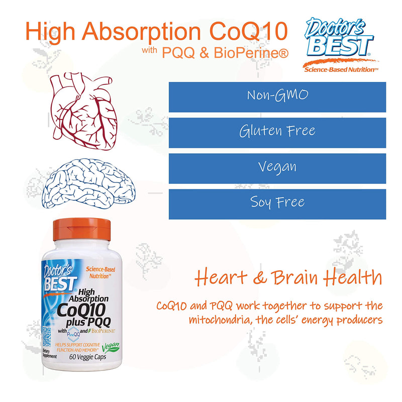 [Australia] - Doctor's Best High Absorption CoQ10 Plus PQQ, Gluten Free, Naturally Fermented, Vegan, Heart Health & Energy Production, 60 Veggie Caps 