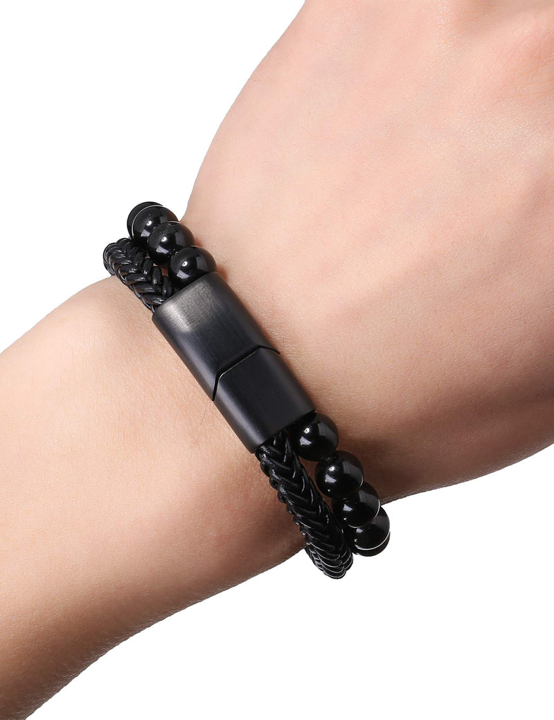 [Australia] - Matte Stone Mens Bead Leather Bracelet Natural Bead and Leather Stainless Steel Magnetic Closure Bracelet for Men Black 7.5 Inches 