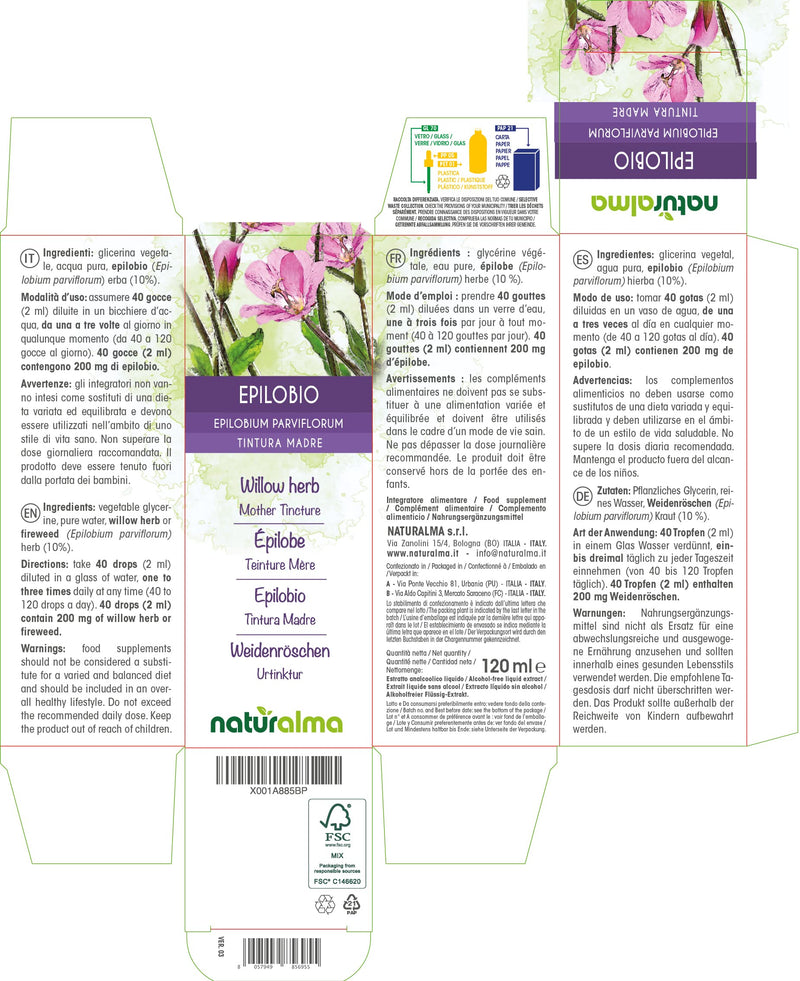 [Australia] - Willow herb or Fireweed (Epilobium parviflorum) herb Alcohol-Free Mother Tincture Naturalma | Liquid Extract Drops 120 ml | Food Supplement | Vegan 