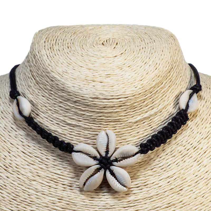 [Australia] - BlueRica Braided Black Cord Choker Necklace with Cowrie Shell Flower Pendant 