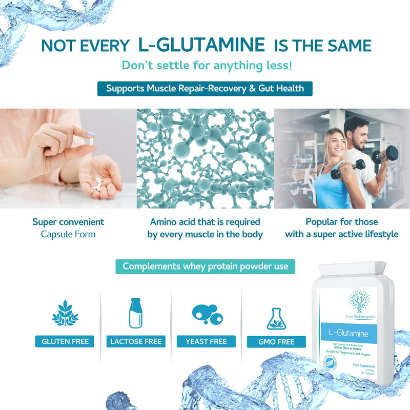 [Australia] - L-Glutamine 500mg 90 Capsules - Pure Amino Acid with no fillers or Binders - Suitable for Vegetarians and Vegans – Exclusively Manufactured in The UK 