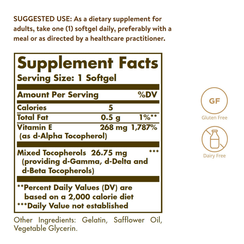 [Australia] - Solgar Vitamin E 268 MG (400 IU) Mixed (d-Alpha Tocopherol & Mixed Tocopherols), 100 Softgels - Supports Immune System & Skin Nutrition - Natural Antioxidant - Gluten Free, Dairy Free - 100 Servings 