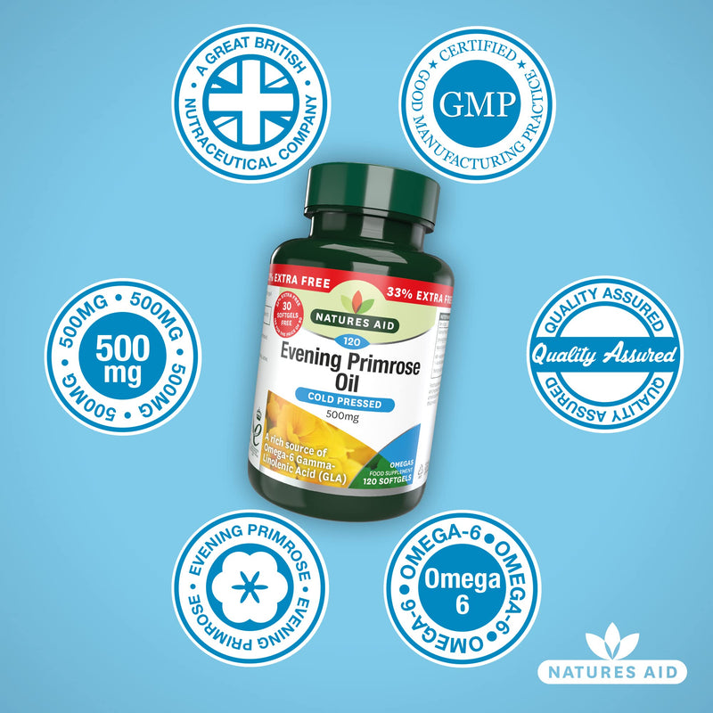 [Australia] - Natures Aid Evening Primrose Oil, 500 mg, 120 Softgels (Pure Cold Pressed Evening Primrose Oil, Omega-6 Gamma Linolenic Acid, Made in the UK) 120 Count (Pack of 1) 
