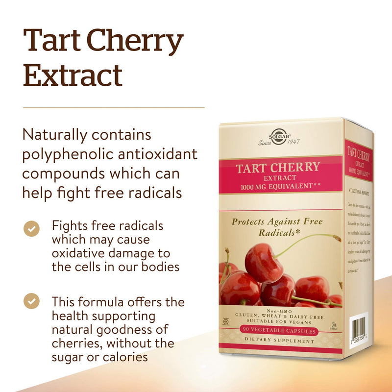 [Australia] - Solgar Tart Cherry 1000 mg, 90 Vegetable Capsules - Antioxidant with Quercetin, Chlorogenic Acid & Anthocyanins Compounds - Non GMO, Vegan, Gluten Free, Dairy Free - 90 Servings 