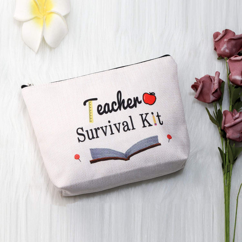 [Australia] - PXTIDY Teacher Survival Kit Teacher Appreciation Gifts Makeup Pouch Cosmetic Bag for Women Teacher Bag Teacher Supplies for Classroom Best Teacher Ever Gift (Beige) Beige 