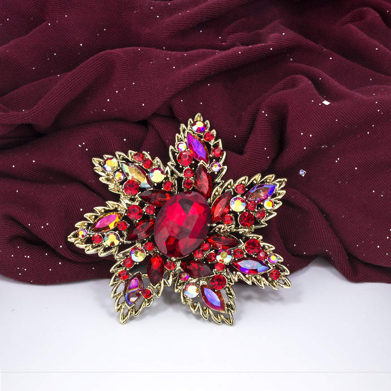 [Australia] - YOQUCOL Vintage Red Austrian Crystal Rhinestone Flower Shape Big Large Brooch Pin for Women Gold Tone 