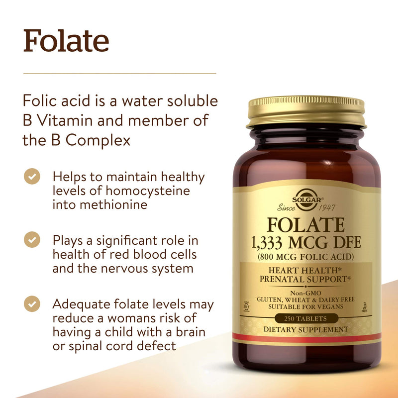 [Australia] - Solgar Folate 1,333 MCG Dietary Folate Equivalent (800 mcg Folic Acid), 250 Tablets - Heart Health, Healthy Nervous System, Prenatal Support - Non-GMO, Vegan, Gluten Free, Dairy Free - 250 Servings 250 Count (Pack of 1) 