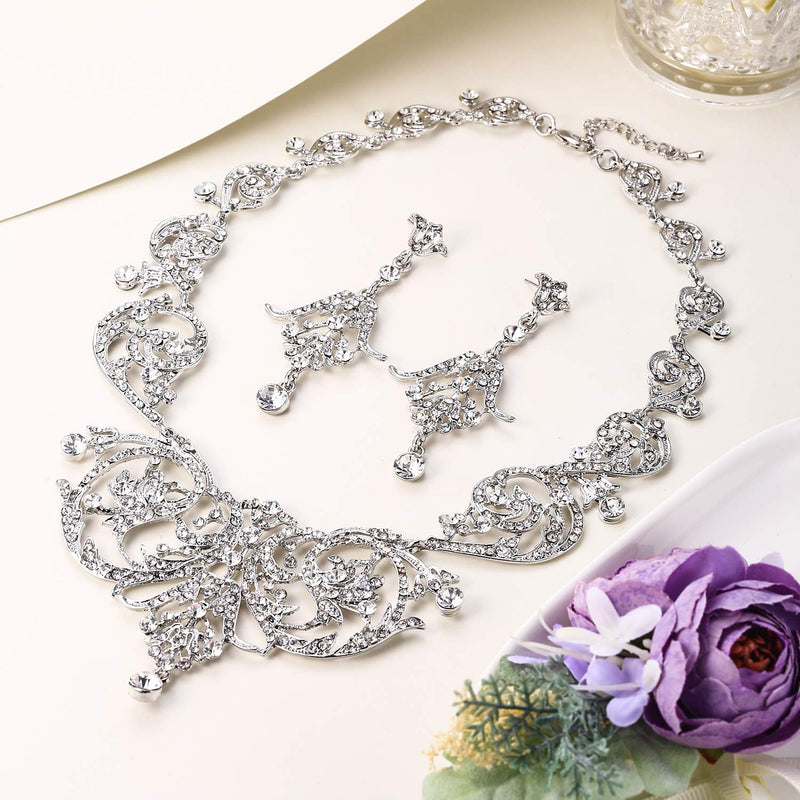 [Australia] - EVER FAITH Bridal Silver-Tone Art Deco Flower Leaf Necklace Earrings Set Clear Austrian Crystal 