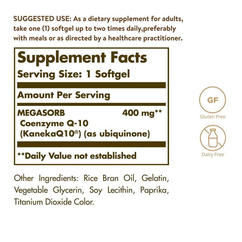 [Australia] - Solgar Megasorb CoQ-10 400 mg, 60 Softgels - Supports Heart & Brain Function - Coenzyme Q10 Supplement - Enhanced Absorption - Gluten Free, Dairy Free - 60 Servings 