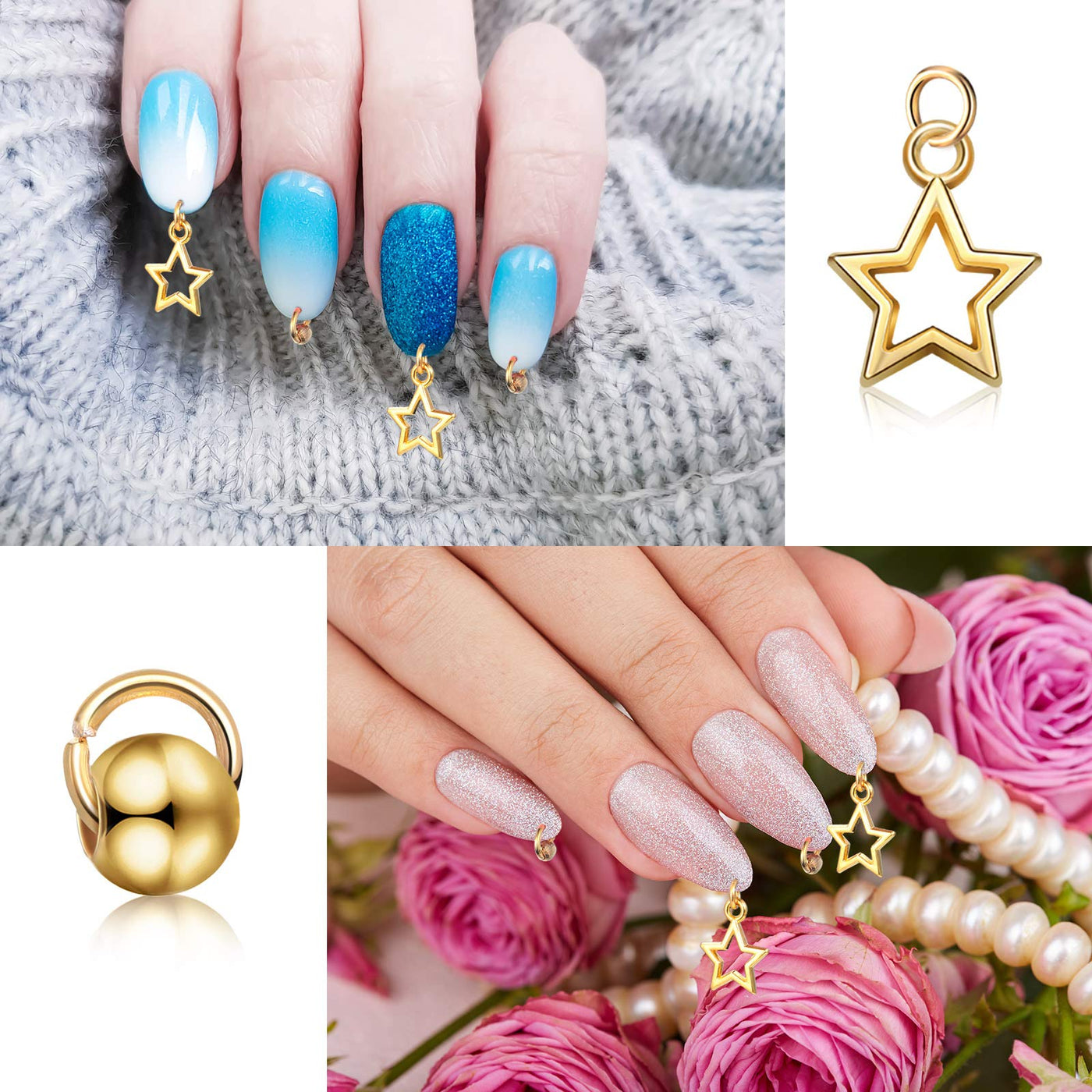 2101 Pieces Dangle Nail Art Charms, Include 1000 Pcs Nail Jewelry Rings,  1000 Pcs Beaded and 100 Pcs Star Accessories with Nail Piercing Tool Hand  Drill for Nails Tip Acrylic Gel Decoration (