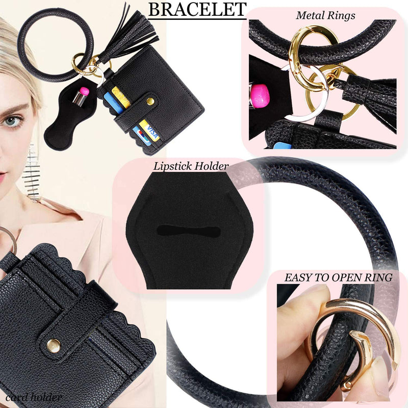 [Australia] - BIHRTC Wristlet Wallet Bracelet Keychain Pocket Card Holder Tassel Keyring with Charpstick Holder for Women Black 