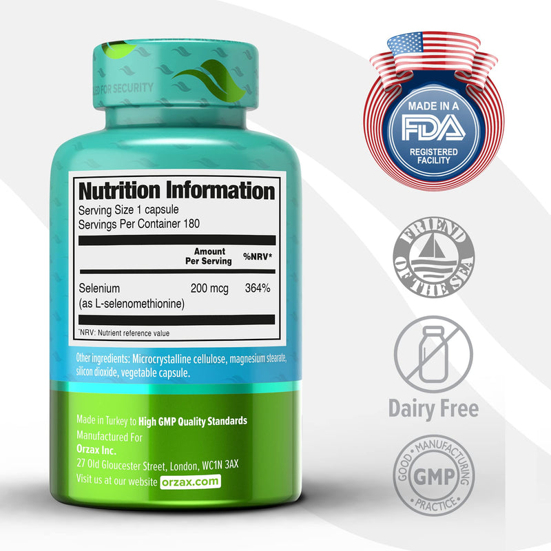 [Australia] - ORZAX Selenium, Helps Antioxidant & Immune Support System, Selenomethionine 200mcg, Thyroid Support* for Women and Men, Yeast and Dairy Free, 180 Vegetable Capsules (180 Day Supply) 