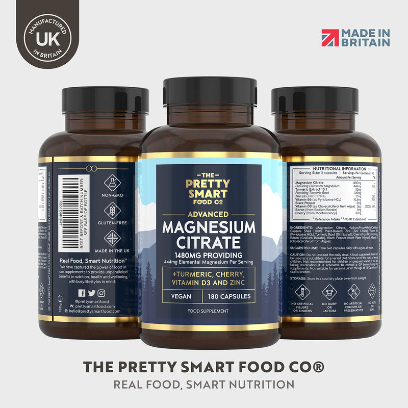 [Australia] - Magnesium Citrate 1480mg – 180 Vegan Magnesium Capsules not Magnesium Tablets – with Turmeric, Zinc, Vitamins D3 & B6 - High Absorption Premium Magnesium Supplements – 90 Day Supply – UK Made 