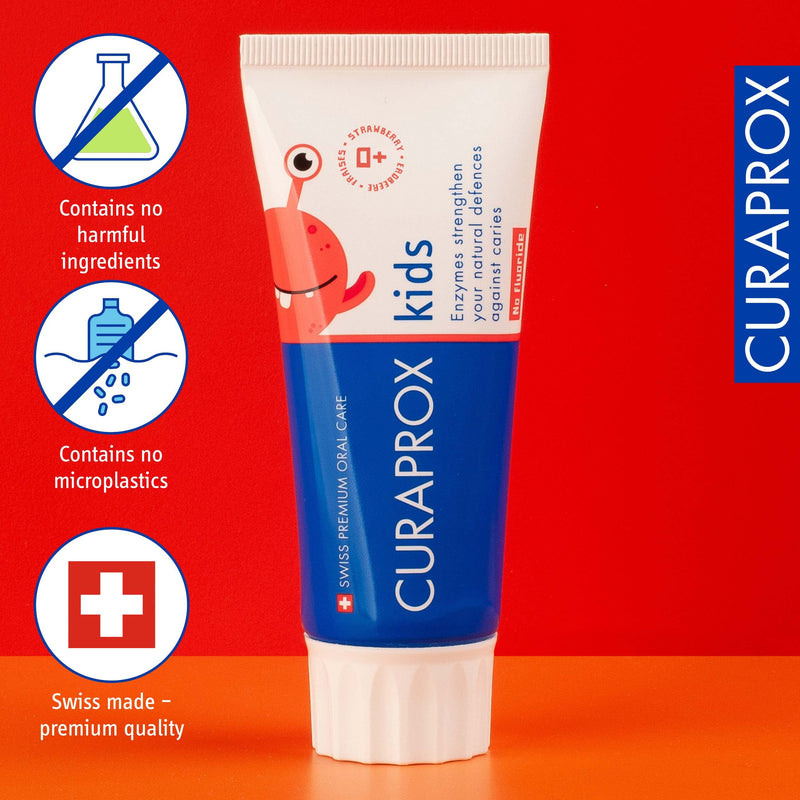 [Australia] - Curaprox Children's Toothpaste CS Kids Strawberry, Zero Fluoride, 60ml - Fluoride Free Strawberry Toothpaste for Kids 2 + Years - SLS Free, Microplastic Free & Triclosan Free Kids Toothpaste, Clear 