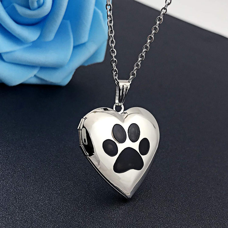 [Australia] - Dog Paw Locket Necklace that Holds Pictures Love Heart Photo Locket Crystals Necklace Pendant Birthday Gifts Dog Paw 