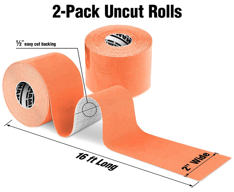 [Australia] - (2 Pack) Premium Kinesiology Tape | Athletic Tape Supports & Protects Muscles, Knees, Shoulders & Plantar Fasciitis | Waterproof & Hypoallergenic | Uncut Kinesiology Tape (Orange) Orange 2 Count (Pack of 1) 