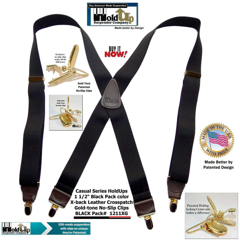 [Australia] - Holdup Brand Black Pack 1 1/2" Suspenders in X-back with Patented No-slip Gold-tone Clips 