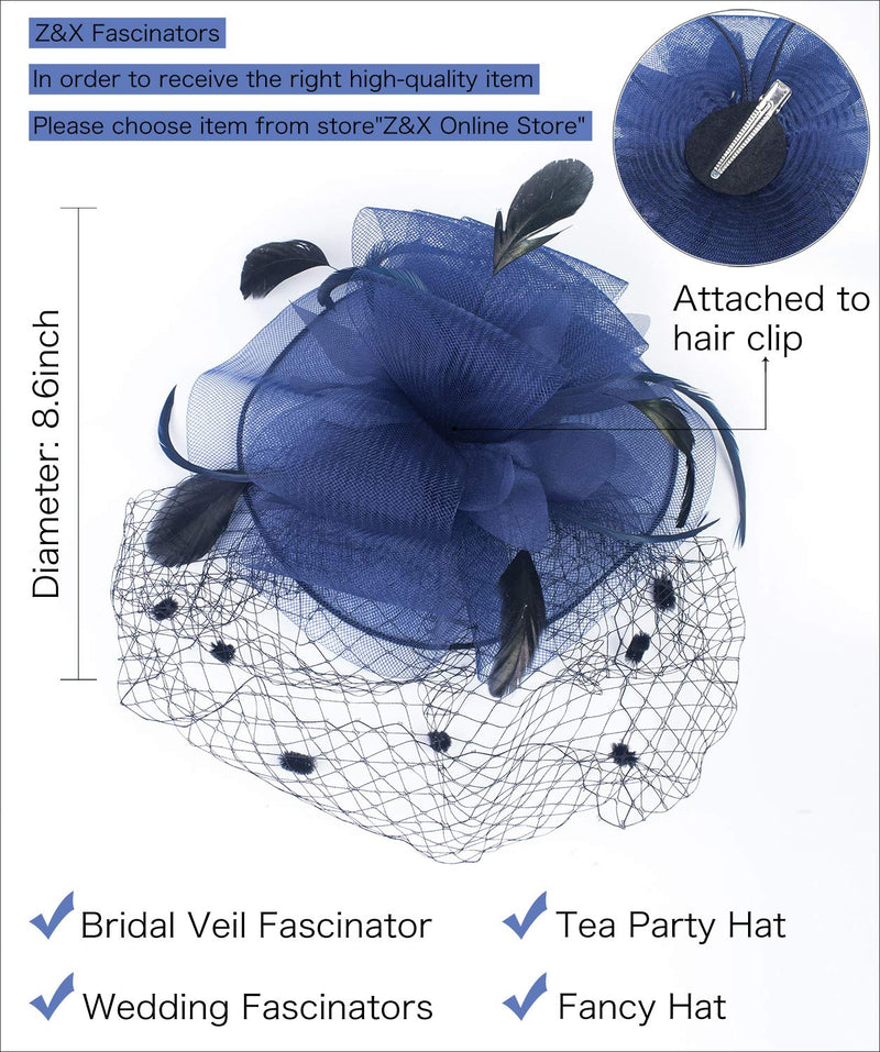 [Australia] - Z&X Women Feather Flower Fascinator Hat with Hair Clip Brooch for Cocktail Wedding 005- Navy Blue 