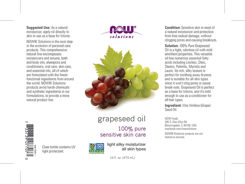 [Australia] - NOW Solutions, Grapeseed Oil, Skin Care for Sensitive Skin, Light Silky Moisturizer for All Skin Types, 16-Ounce 16 Fl Oz (Pack of 1) 