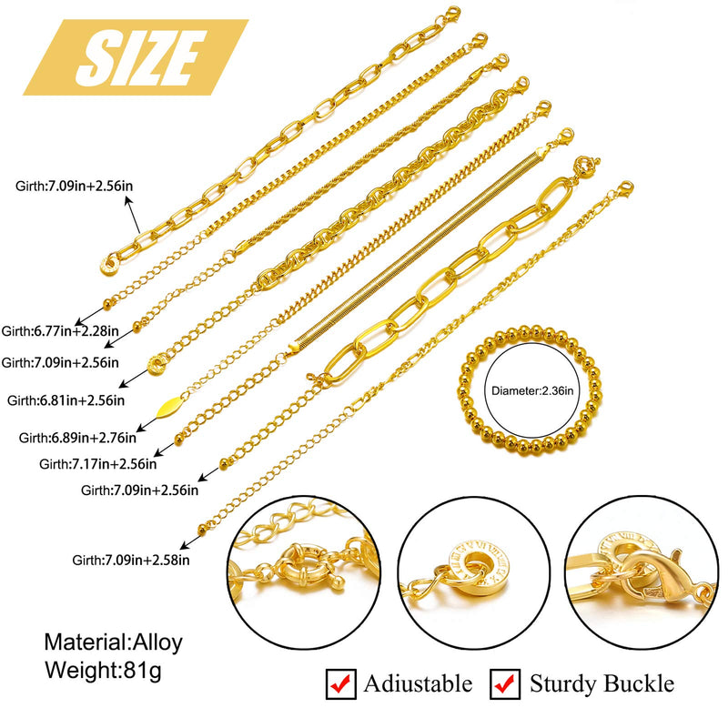 [Australia] - ÌF ME 9 PCS Chain Bracelets Set for Women Adjustable Fashion Paperclip Link Beaded Italian Cuban Chunky Flat Cable Chain Bracelets Jewelry for Women Girls Gift Gold 