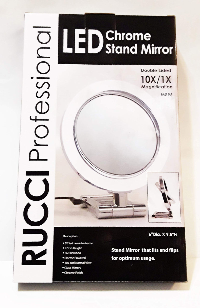[Australia] - Rucci Tabletop LED Chrome Stand Mirror, Double Sided 10x/1x Magnification, 6" Dia. Frame to Frame 