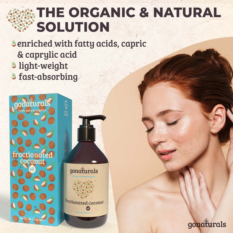 [Australia] - GONATURALS Fractionated Coconut Oil for Skin - Organic Coconut Oil for Skin and Hair: Ideal for Acne & DIY Moisturisers, Pure Coconut Oil for Skin Serving As A Massage Oil & Coconut Hair Oil, 250ml 