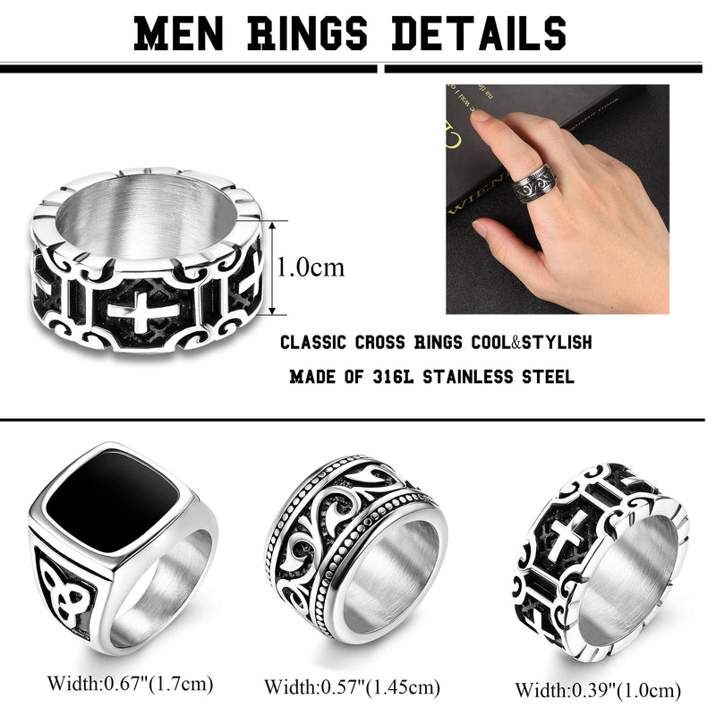 [Australia] - Fansilver Stainless Steel Rings For Men Vintage Biker Ring Wide Thick Cross Band Ring Celtic Knot Signet Ring Set Cool Thumb Ring Size(7-13) 7 