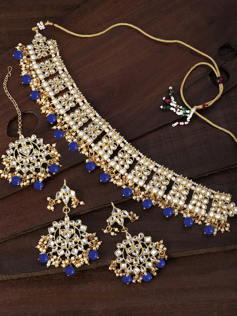 [Australia] - Aheli Elegant Indian Wedding Wear Faux Kundan Studded Choker Necklace with Maang Tikka Set Ethnic Fashion Jewelry for Women Blue 