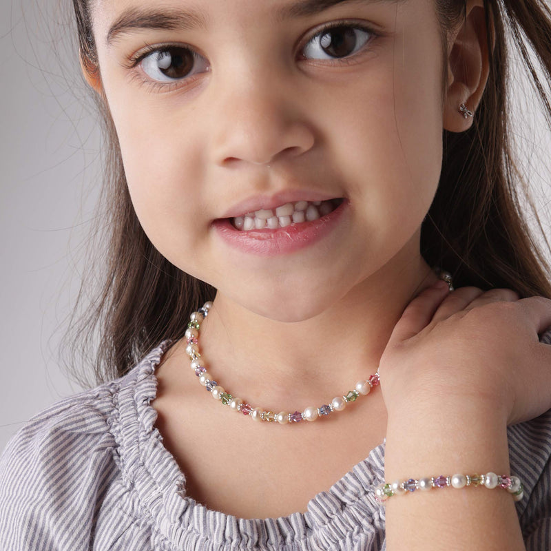 [Australia] - Children's Sterling Silver Cultured Pearl Bracelet with Necklace Set with Pastel Crystals MED (1-5 yr) 